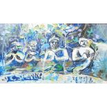 †Fred Yates: a framed oil on board, depicting four eastern seated praying figures, in