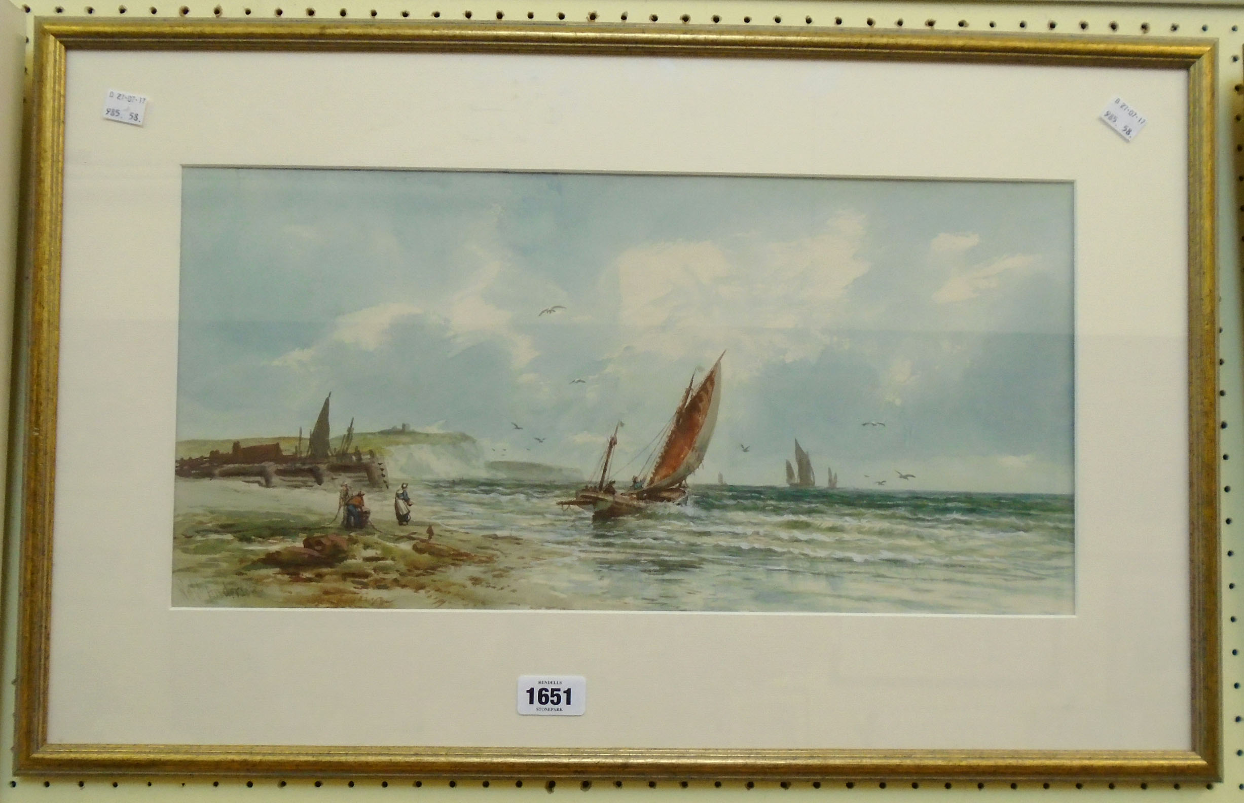 A pair of gilt framed Victorian watercolours depicting seascapes with fishing vessels and figures on