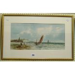 A pair of gilt framed Victorian watercolours depicting seascapes with fishing vessels and figures on