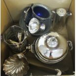 A box containing a quantity of silver plated item including wine bottle coaster, pair of shell