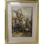 Alfred Leyman: a gilt framed watercolour, depicting a street view in Dartmouth with figures,