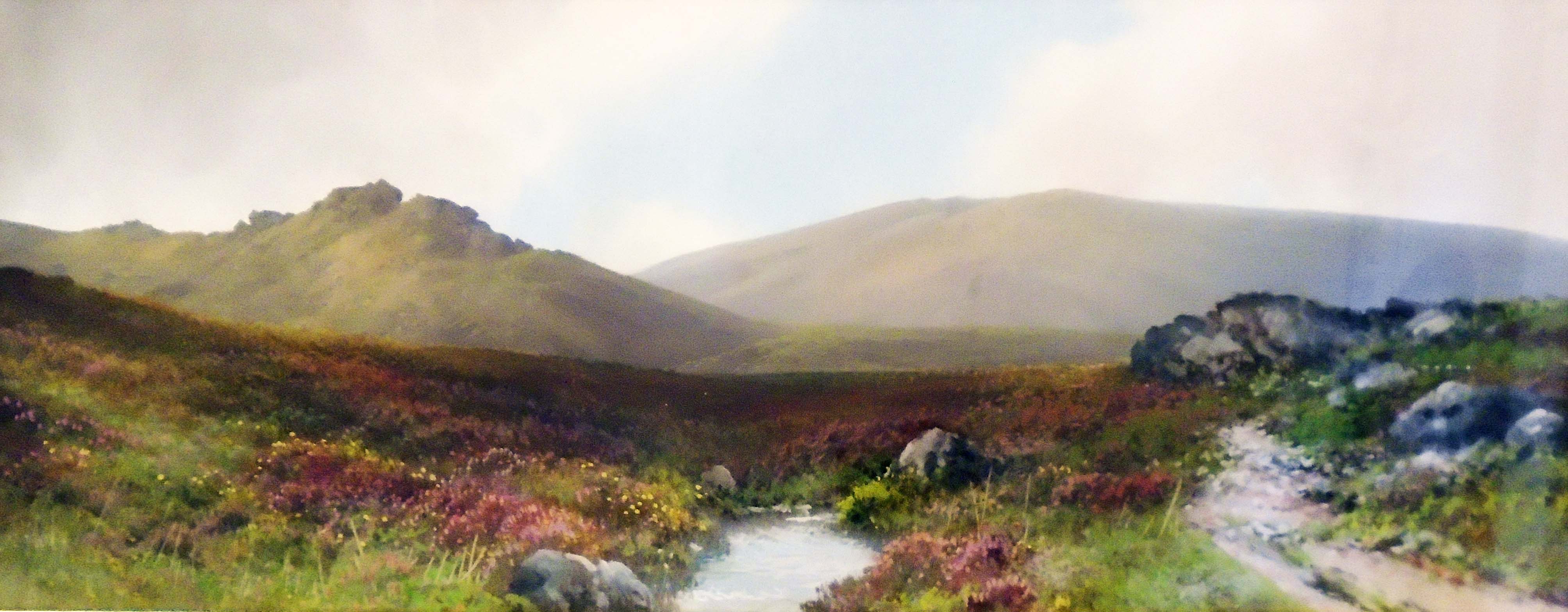 Reginald Daniel Sherrin: a gilt framed gouache, depicting an extensive panoramic view of Dartmoor