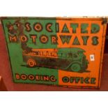 A vintage double sided enamelled wall sign of two-tone design, Associated Motorways Booking Office
