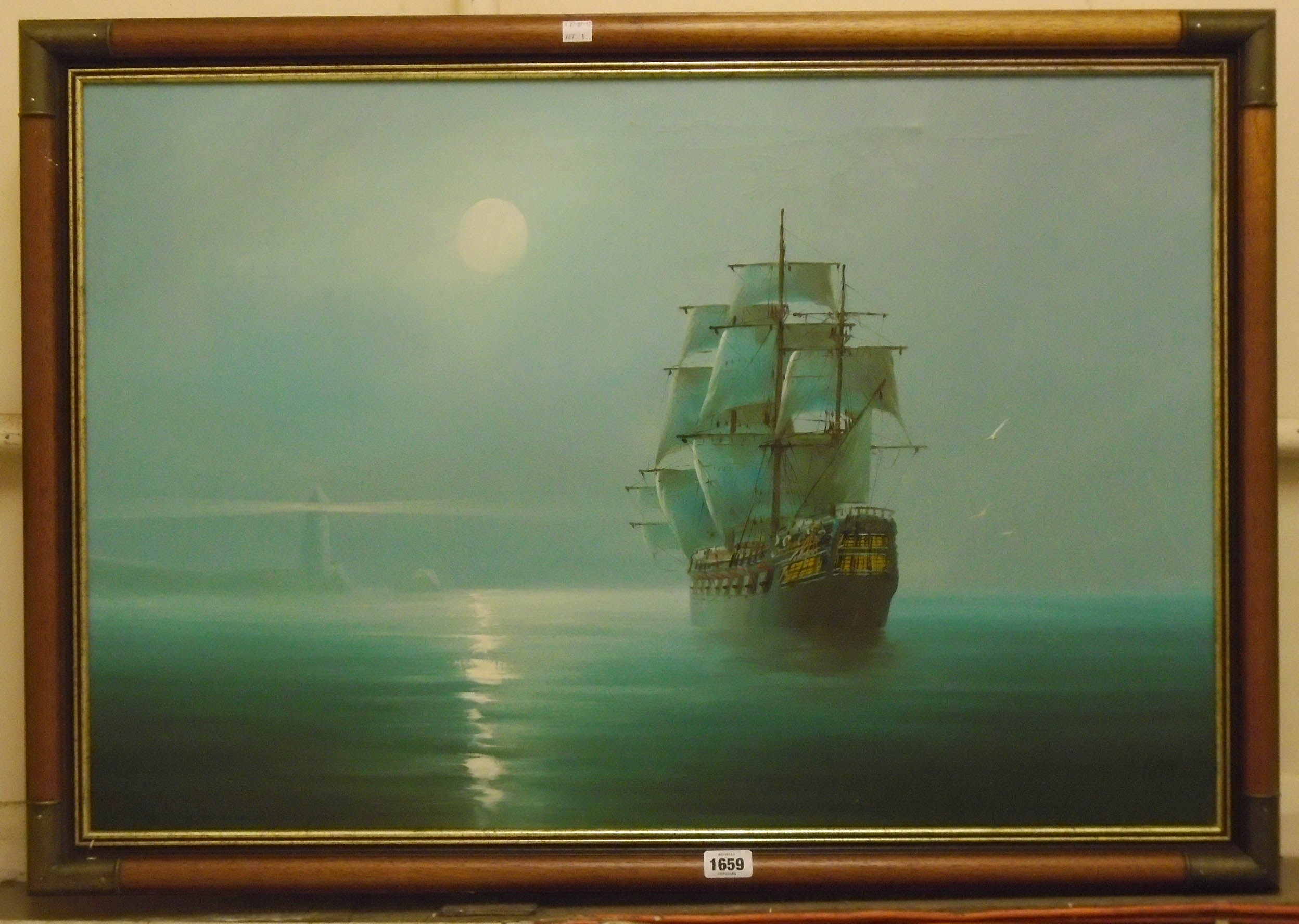 P Davis: a framed modern oil on canvas, depicting a moonlight seascape with sailing ship and