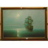 P Davis: a framed modern oil on canvas, depicting a moonlight seascape with sailing ship and