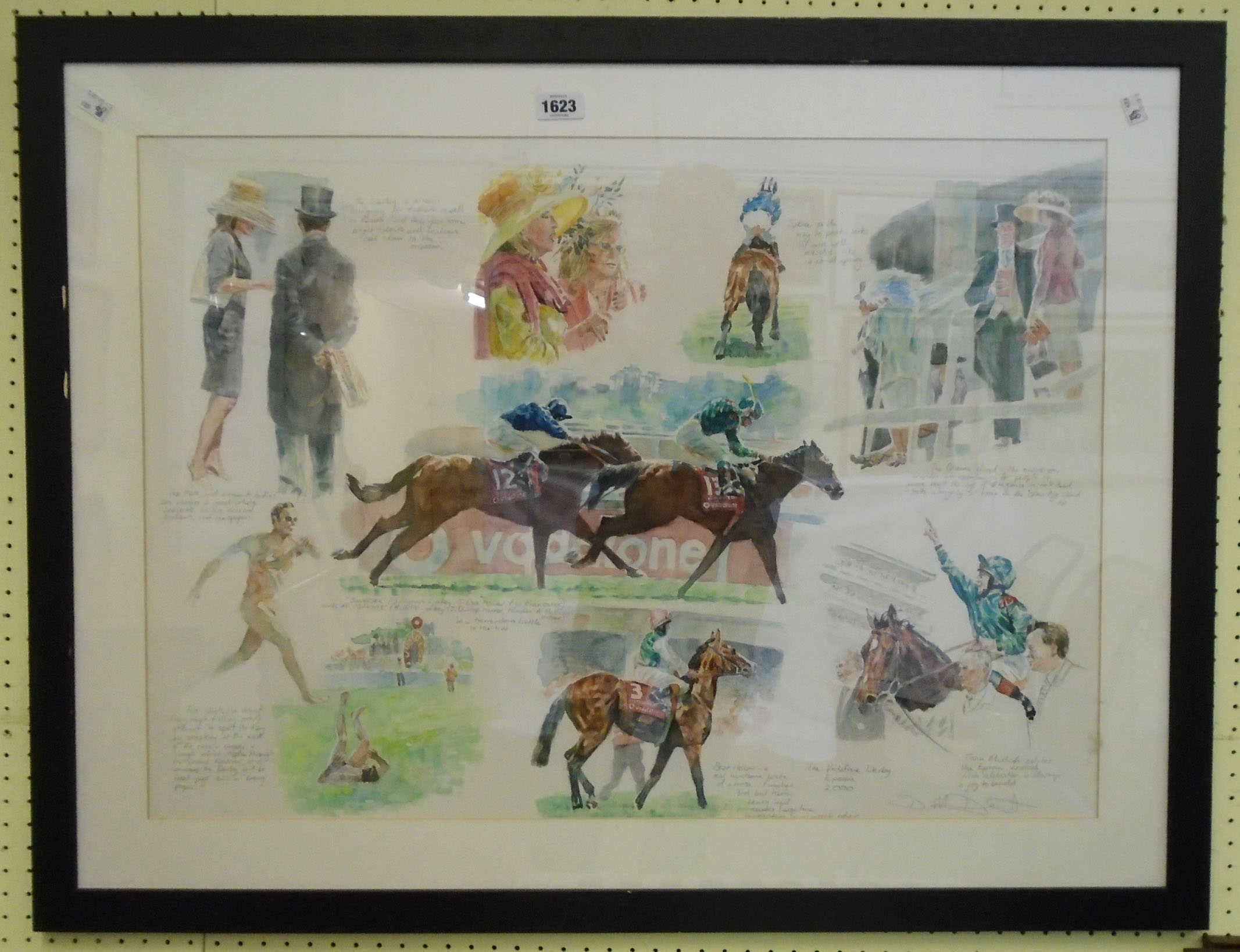 David Dent: a framed montage watercolour, depicting annotated scenes from the Vodafone Derby,