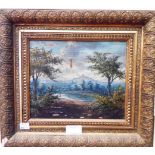 A small gilt framed oil on canvas depicting a lakeland landscape - a/f - sold with a pair of gilt
