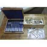 A pine box containing a small quantity of assorted silver plated cutlery - sold with a cased set