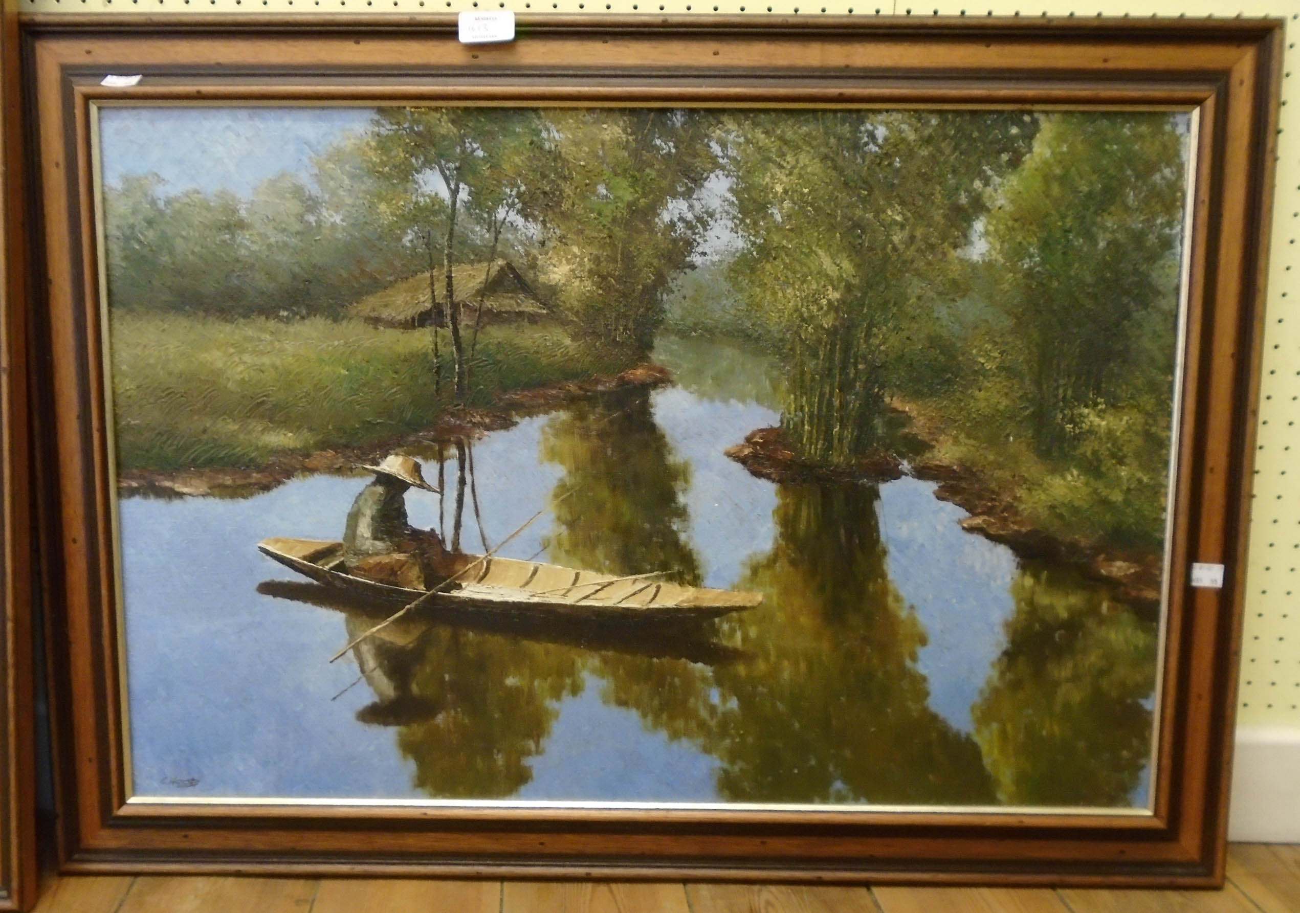 A pair of oriental scene oils on canvas, both depicting waterways, one with boat and house, the - Bild 2 aus 4