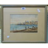 A pair of 19th Century watercolours one depicting a fishing village with figures in foreground,