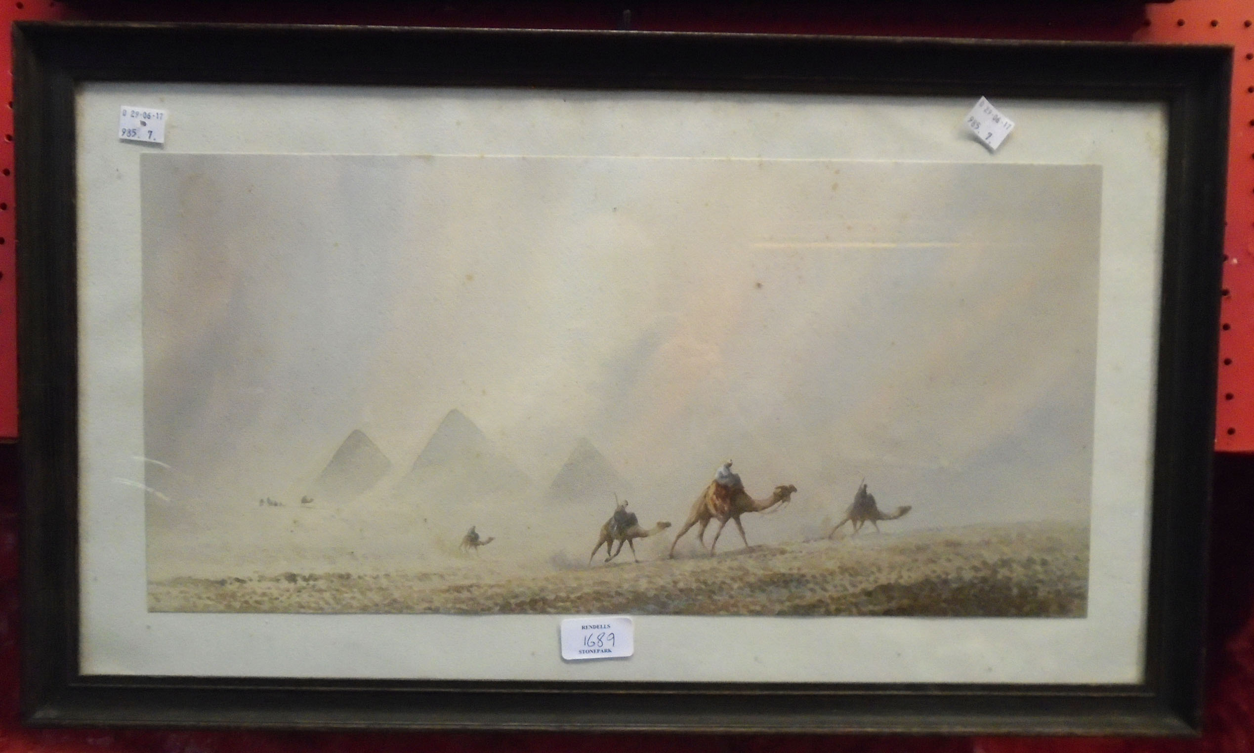 Frank Catano: a framed watercolour, depicting camel riders at Giza - sold with a pair of framed - Image 2 of 2