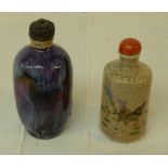 A 19th Century Chinese cylindrical scent bottle with crackle glaze finish and chicken decoration,