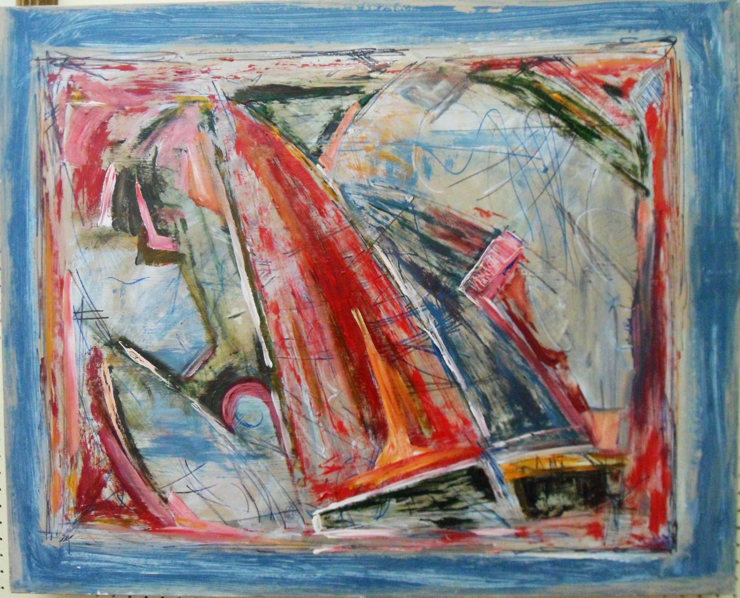 A modern mixed media painting depicting an abstract seascape with sailing boat