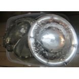 A quantity of silver plated items including two swing handle dishes, three piece tea set, trays