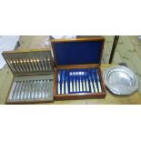 An oak cased set of twelve fish forks and eleven knives - sold with another canteen with part
