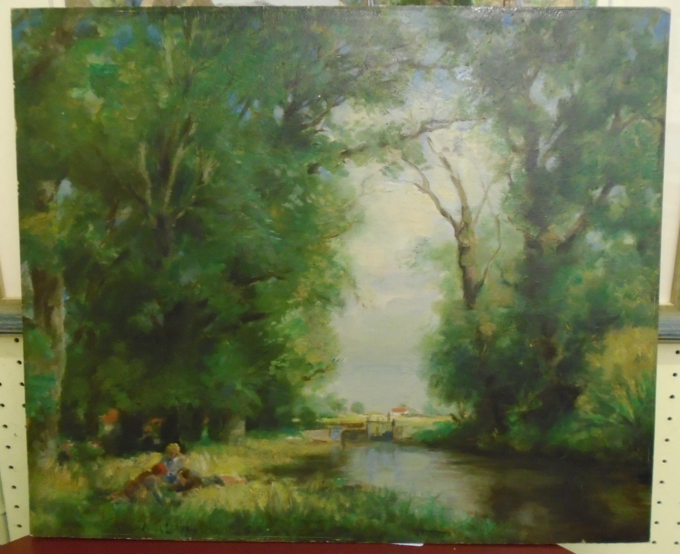 Nicol Laidlaw: An unframed oil on panel, depicting figures beside a canal - 14 3/4" X 18"