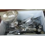 A box containing a quantity of silver plated Kings pattern cutlery, small condiments and rose bowl