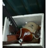 A box containing bee smoker, chimney crook, stoneware flagon, etc.