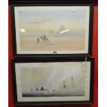 Frank Catano: a framed watercolour, depicting camel riders at Giza - sold with a pair of framed