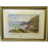 George Henry Jenkins: a gilt framed watercolour, depicting a westcountry coastal view with figures