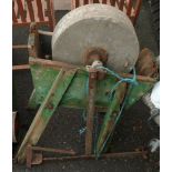 A 16" diameter late Victorian grinding stone on painted pine stand (a/f), with hand and foot