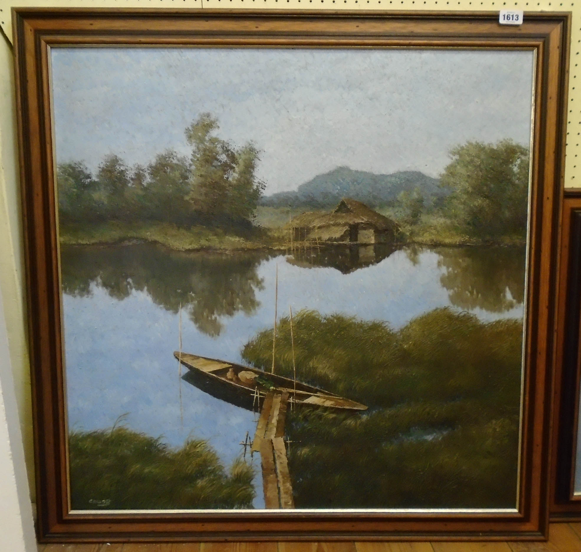 A pair of oriental scene oils on canvas, both depicting waterways, one with boat and house, the