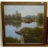 A pair of oriental scene oils on canvas, both depicting waterways, one with boat and house, the