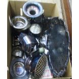 A box containing a quantity of silver plated items including three piece tea set, trays, trumpet