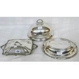 Two silver plated entree dishes and a 10 1/2" meat dome