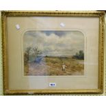 David Cox Jnr.: a gilt framed watercolour depicting a figure on a country track in an extensive