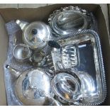 A box containing a quantity of silver plated items including a harlequin three piece tea set, pair