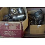 Two boxes containing a large quantity of assorted silver plated items including teaware,