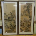 A set of four framed oriental prints on silk, depicting landscapes and horses - all with text and