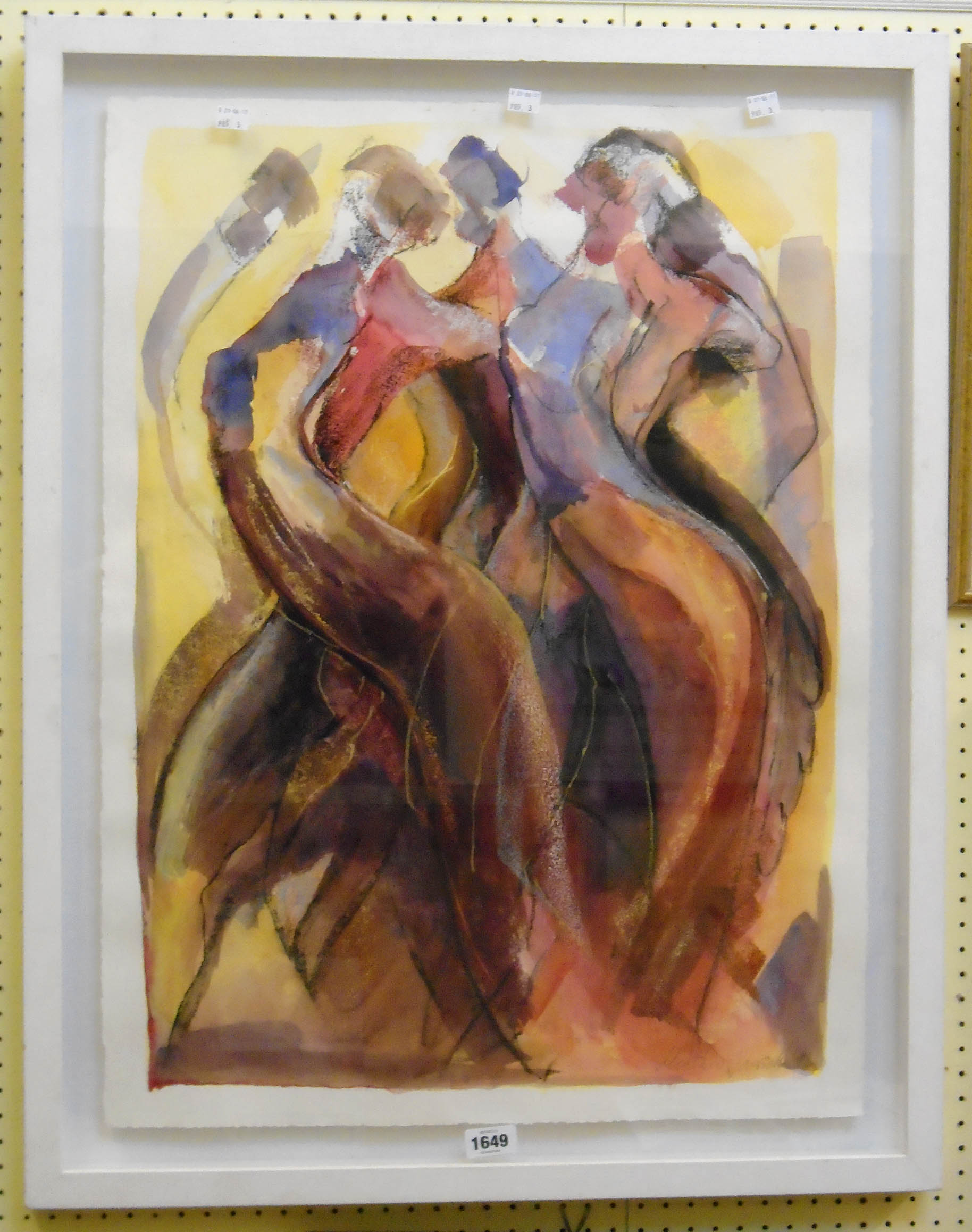 Heather Jansch: a white painted box framed watercolour, depicting an abstract group of figures - 29"