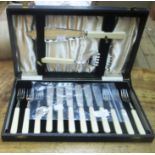 A cased set of six each silver plated fish knives and forks with servers - sold with a silver