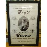 An ebonized framed monochrome reprint Fry's Cocoa advertising poster with central portrait of