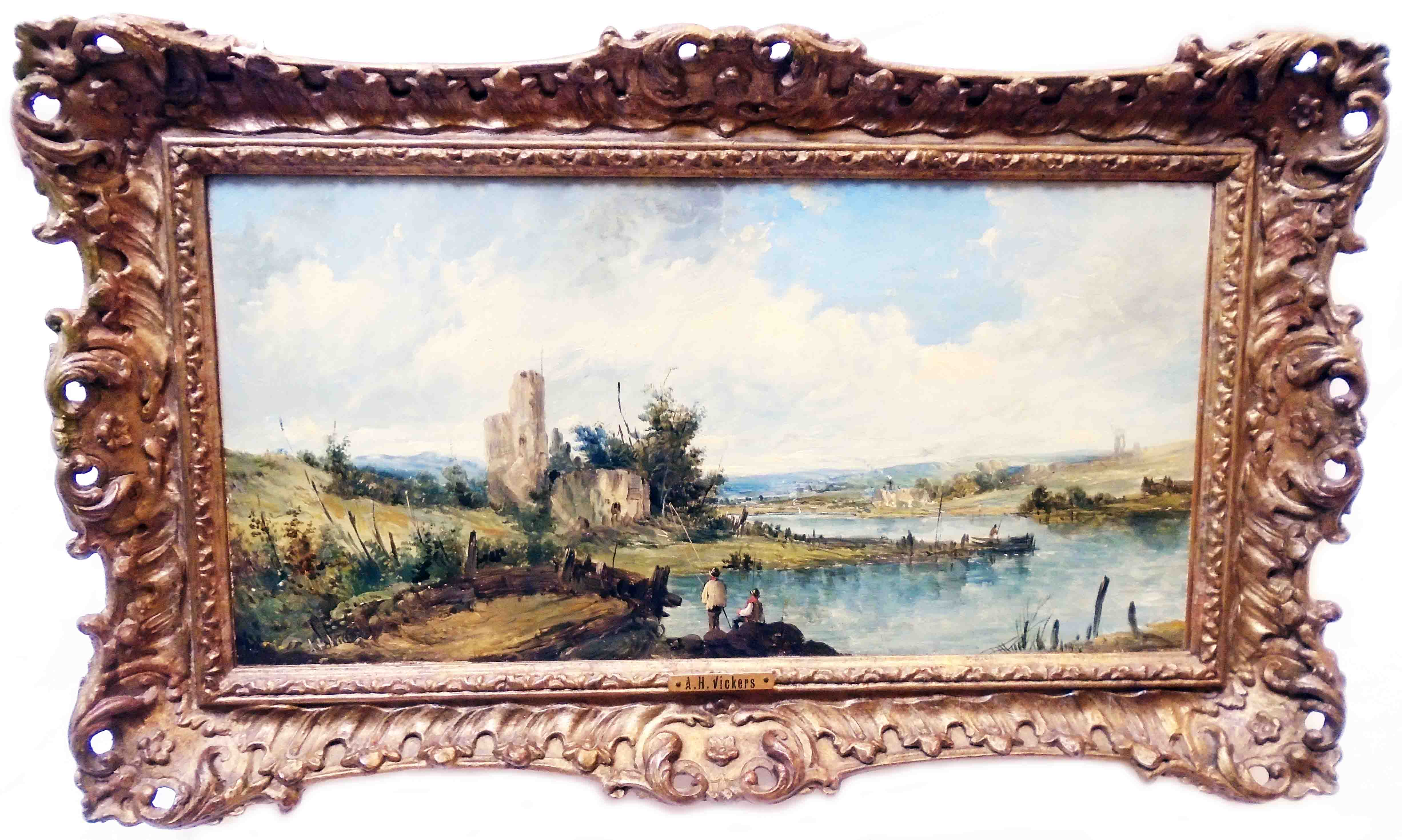 A.H Vickers: a pair of ornate gilt framed oils on board, depicting river and coastal scenes with - Bild 2 aus 2