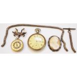 A Swiss made Lucerne fob watch on bow pattern suspender, an Elgin pocket watch, cameo brooch, etc.