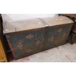 A 4' 9" 19th Century oak marriage chest with iron strapwork to dome top and remains of painted