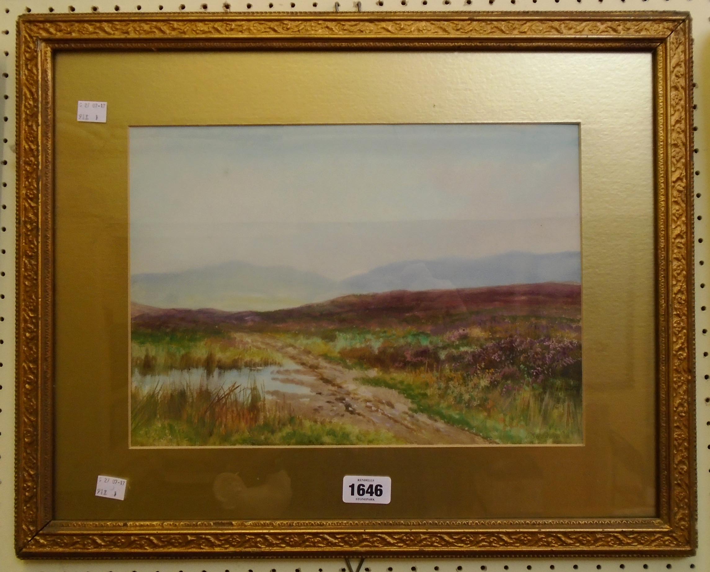 R. D. Sherrin: a gilt framed gouache painting depicting a moorland view with pool in foreground