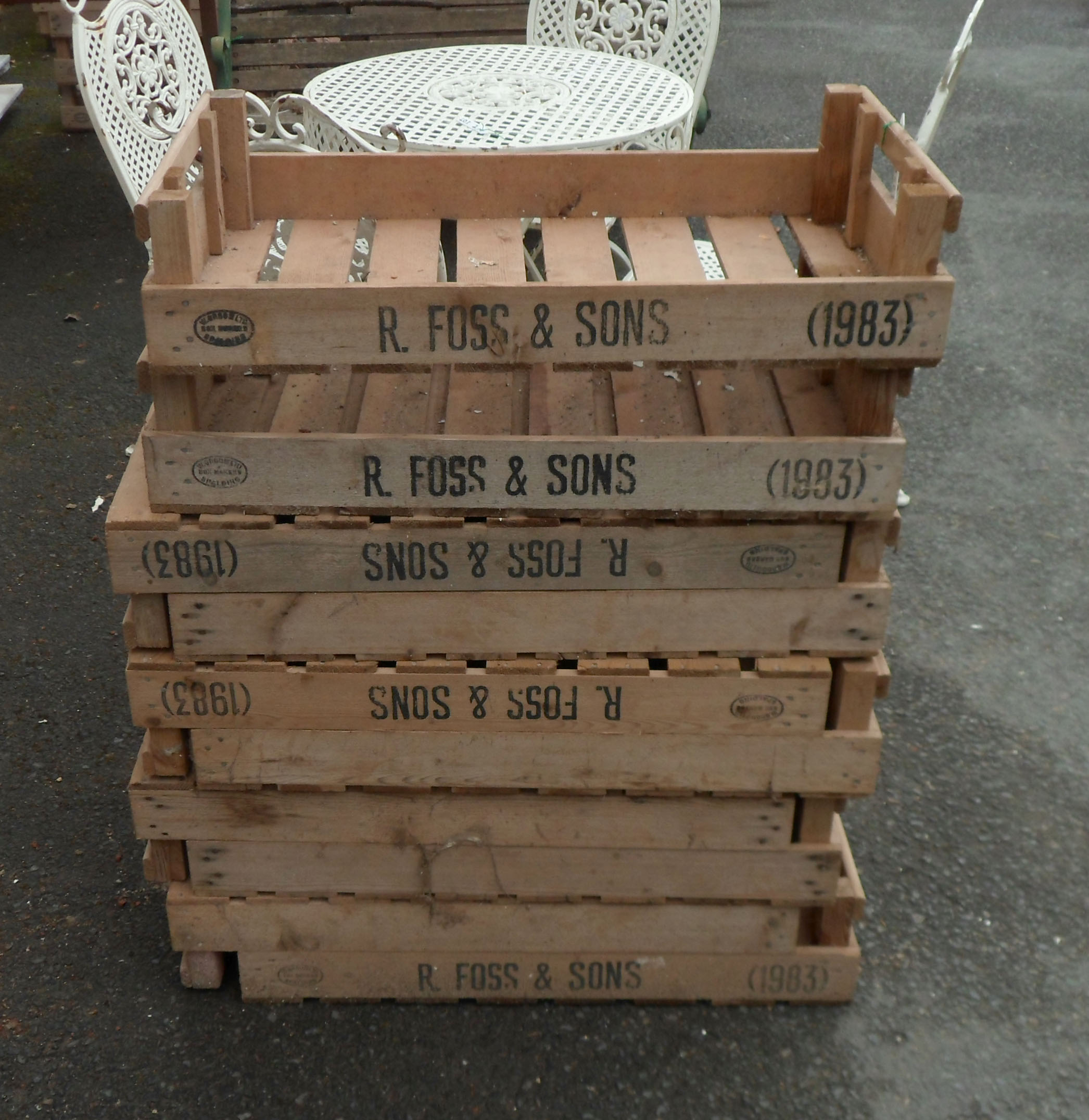 Ten vintage potato chitting trays by W. Groom Box Makers, Spalding