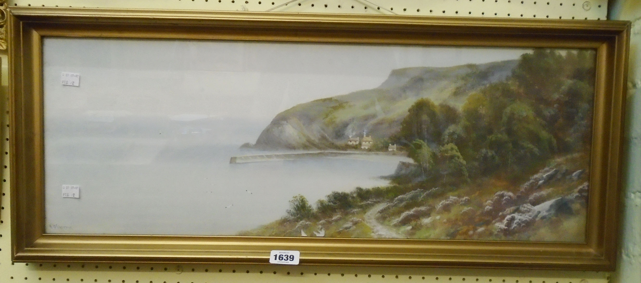 R. D. Sherrin: a gilt framed gouache painting, depicting a Devon coastal view