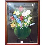 Rose Hannaford: a stained oak framed acrylic still life with vase of flowers on black ground -