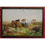 Rowden: an oak framed watercolour, depicting a Dartmoor landscape with five ponies grazing - some