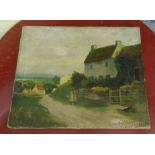 An unframed oil on canvas depicting a Cornish view of figures on a path and