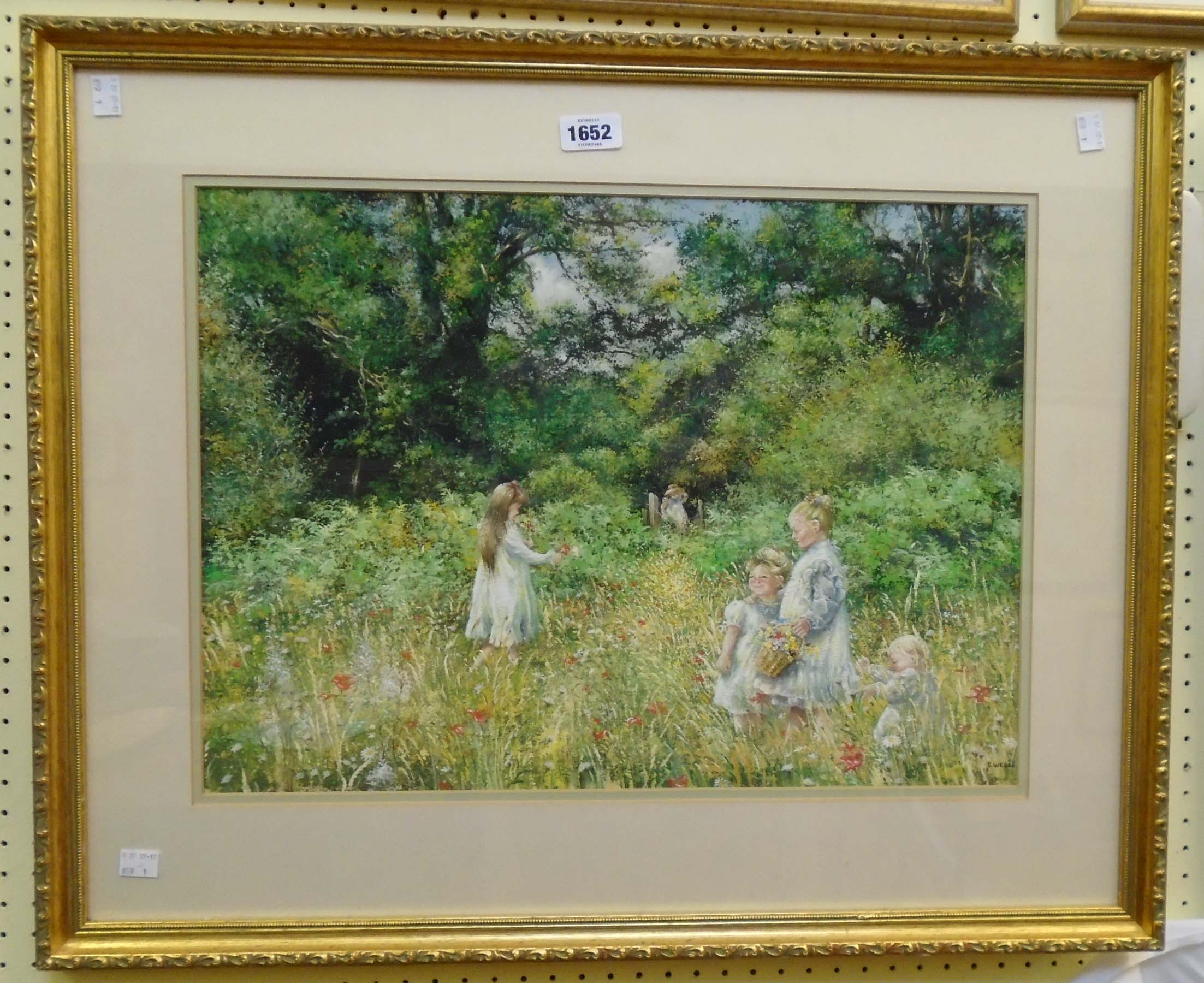 S. Wells: a gilt framed acrylic on paper, depicting children picking flowers in a woodland