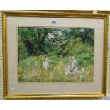 S. Wells: a gilt framed acrylic on paper, depicting children picking flowers in a woodland