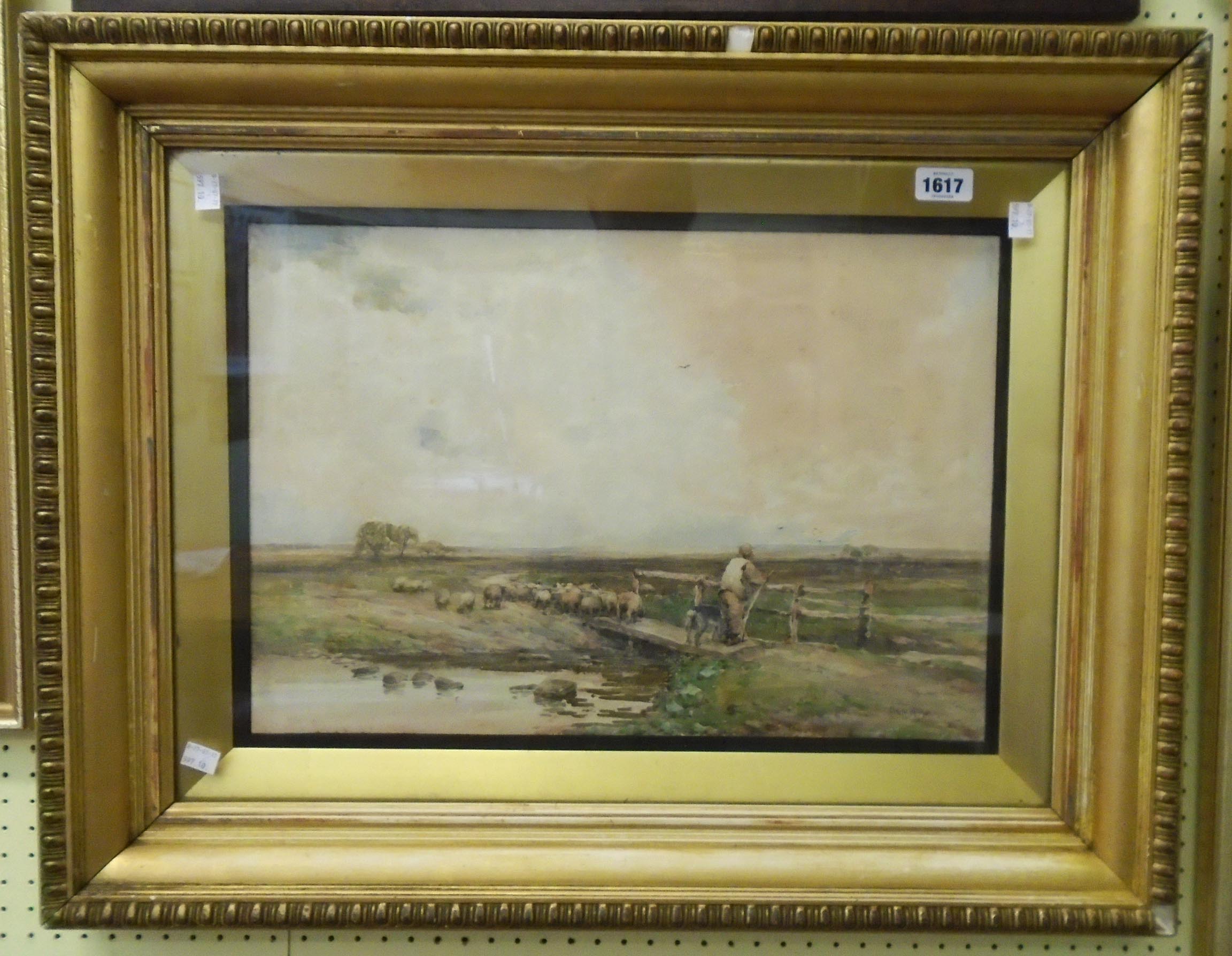 Claude Hayes: a gilt framed watercolour, depicting a shepherd and a sheep crossing a stream - 13 1/