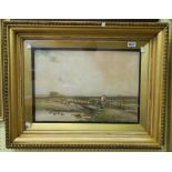 Claude Hayes: a gilt framed watercolour, depicting a shepherd and a sheep crossing a stream - 13 1/