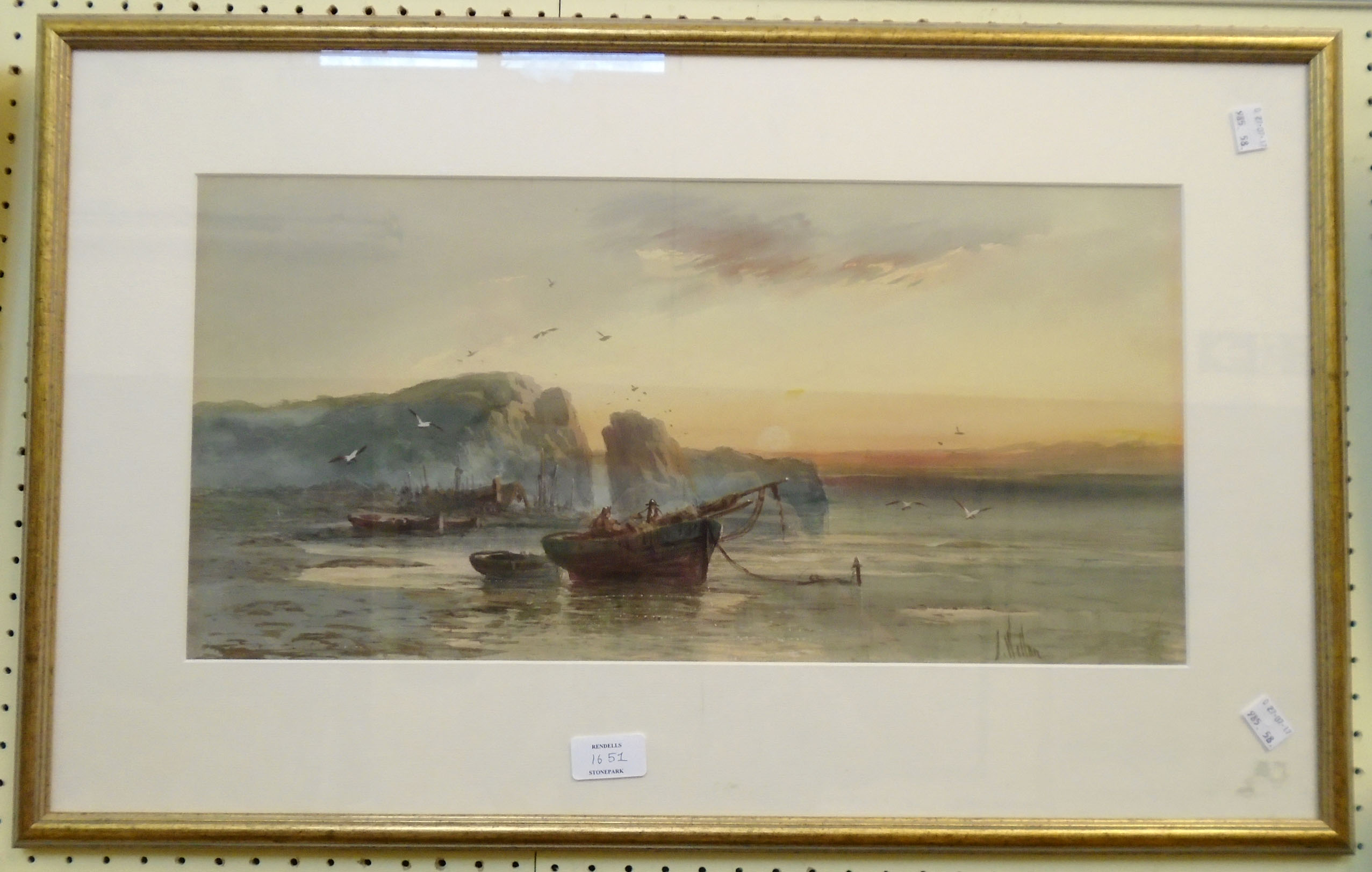 A pair of gilt framed Victorian watercolours depicting seascapes with fishing vessels and figures on - Bild 2 aus 2